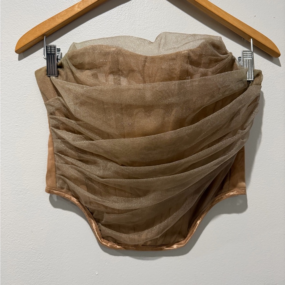 Sheer Brown Ruched Mesh Strapless Top